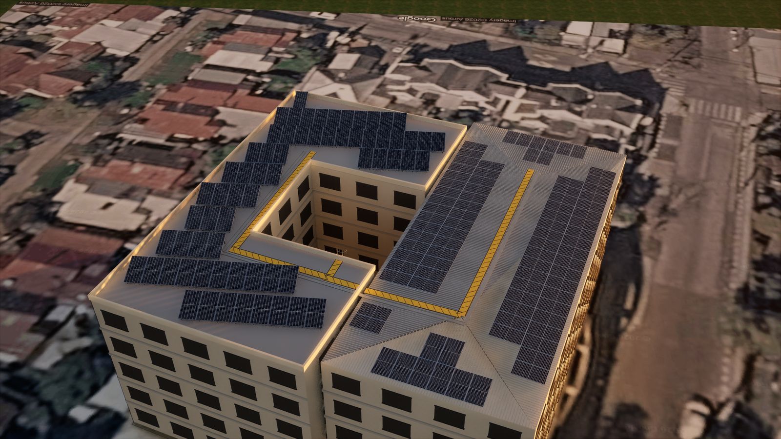 Vista 3D del edificio con su instalación